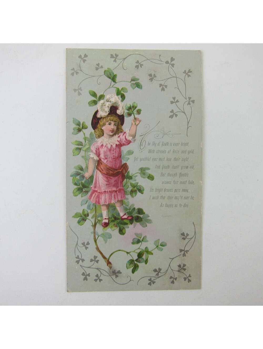 Victorian Greeting Card Four Leaf Clover Girl Pink Dress Feather Hat Antique